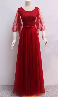 Floor Length Red Scoop 3 4 Length Sleeve Lace Up Prom Dress