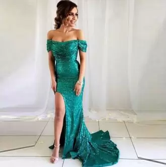 Green Prom and Party with Sequins Off The Shoulder Sleeveless Brush Train Lace Up