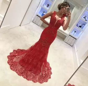 Hot Selling Sleeveless Lace Floor Length Lace Up in Red with Beading
