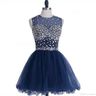 Latest Scoop Sleeveless Dress for Prom Mini Length Beading Navy Blue Tulle