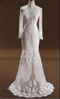 Lovely High-neck Long Sleeves Dress for Prom Floor Length Appliques White Lace
