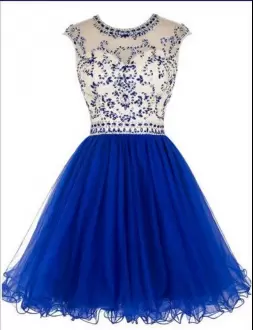 Fashion Royal Blue Cap Sleeves Knee Length Beading Lace Up Prom Homecoming Dress Scoop