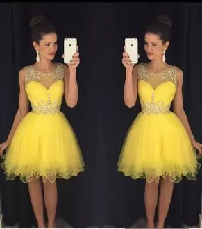 High Quality Yellow Tulle Lace Up Scoop Sleeveless Mini Length Beading