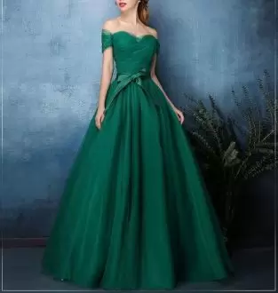 Perfect Dark Green A-line Off The Shoulder Sleeveless Floor Length Lace Up Bowknot