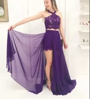 Super Chiffon Sleeveless Prom Dress Sweep Train and Lace