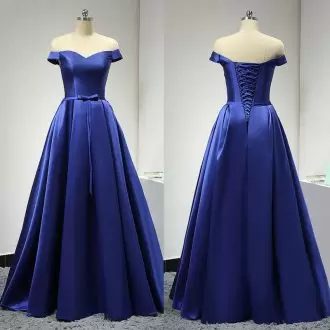 Fashion A-line Homecoming Dresses Royal Blue Off The Shoulder Satin Sleeveless Floor Length Lace Up