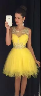 Yellow Prom Dress Tulle Homecoming Dress with Beaded See Through Neckline