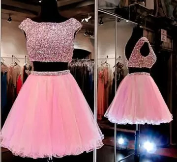Scoop Cap Sleeves Prom Dresses Mini Length Beading Pink Tulle