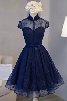 Navy Blue High-collar Cap Seeve Lace Short Prom Dress Keyhole Back