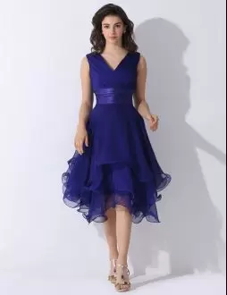 Fashion Royal Blue Chiffon Zipper Prom Dresses Sleeveless Tea Length Belt