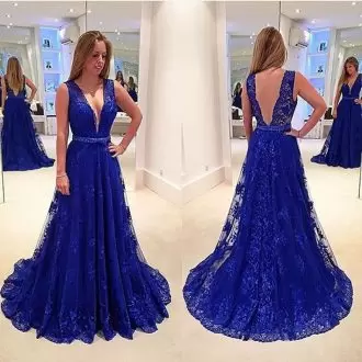 Artistic V-neck Sleeveless With Train Beading and Lace Blue Satin