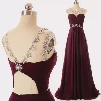 Burgundy Evening Dress Beading and Ruching Sleeveless Floor Length