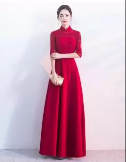 Floor Length Empire Half Sleeves Red Prom Dresses Zipper
