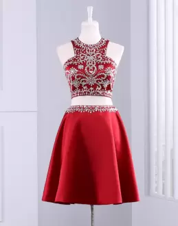 Fine Red Zipper Halter Top Long Sleeves Mini Length Homecoming Party Dress Beading