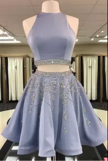 Mini Length Light Blue Two Pieces Beaded Prom Dress Halter Top Open Back