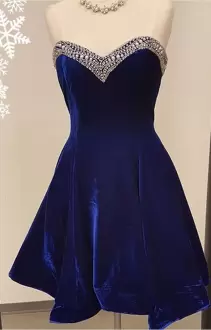 Designer Royal Blue Beaded Neckline Velvet Short Prom Dress