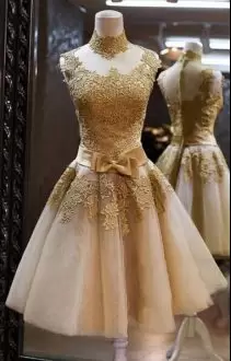 Custom Fit Mini Length Champagne Homecoming Dresses Tulle Sleeveless Beading and Appliques and Belt