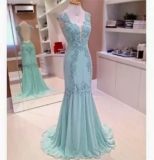 Baby Blue Chiffon Backless V-neck Sleeveless Prom Gown Sweep Train Lace and Appliques