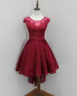 Dark Red Short Illusion High Low Prom Dress Scoop Zipper Sleeveless