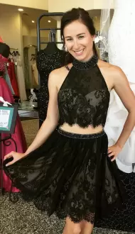 Beautiful Black Prom and Party and Military Ball with Beading and Lace Halter Top Sleeveless Zipper