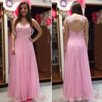 Unique Pink Column/Sheath Appliques Prom Party Dress Backless Chiffon and Tulle Sleeveless Floor Length