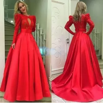 Long Sleeves Satin Floor Length Lace Up Homecoming Gowns in Red with Beading and Lace