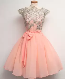 Chic Pink Scalloped Neckline Appliques Prom Dress Cap Sleeves Lace Up