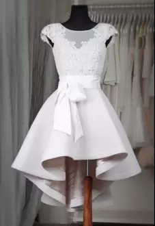 Unique White Satin Cap Sleeves Lace High Low Prom Dress with Belt