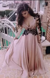 Lovely Pink Lace Up Prom Dress Appliques Long Sleeves Floor Length
