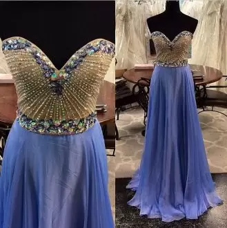 Popular Blue Sleeveless Beading Floor Length Homecoming Gowns