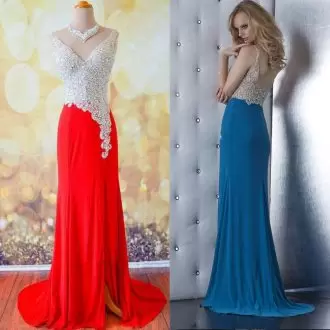 Fine White And Red V-neck Zipper Beading Prom Evening Gown Sweep Train Sleeveless
