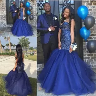 Enchanting Mermaid Prom Evening Gown Royal Blue Sweetheart Tulle Sleeveless Floor Length Lace Up