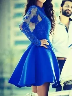 Low Price Royal Blue A-line Lace Prom Dress Zipper Satin Long Sleeves Mini Length