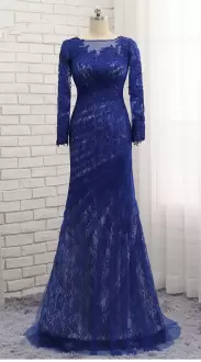 Unique Zipper Prom Dresses Royal Blue for Prom and Party with Lace Sweep Train