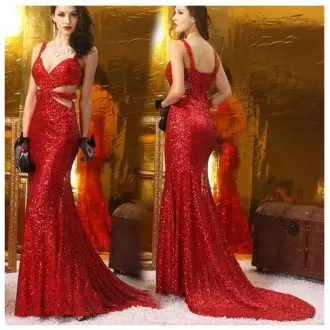 Comfortable Red Zipper Homecoming Dress Beading and Sequins Sleeveless Brush Train