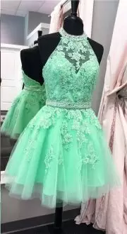 Fashionable Turquoise Zipper Halter Top Beading and Appliques Homecoming Dress Tulle Sleeveless