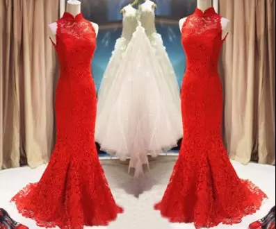 Exceptional Lace Up Prom Evening Gown Red for Prom and Party with Lace Sweep Train