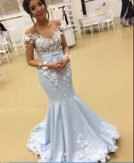 Appliques Prom Dress Blue Lace Up Sleeveless Sweep Train