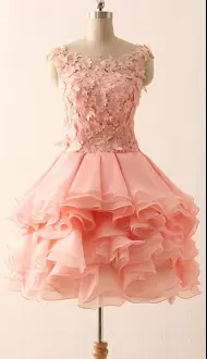 Pink Sleeveless Knee Length Ruffled Layers and Hand Made Flower Clasp Handle Homecoming Party Dress Bateau