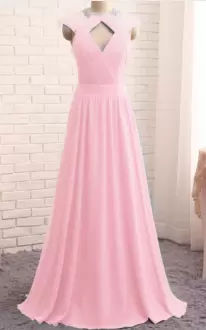 Cap Sleeves Floor Length Beading Lace Up Prom Dresses with Pink
