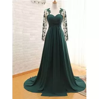 Attractive Long Sleeves Chiffon Brush Train Zipper in Peacock Green with Lace