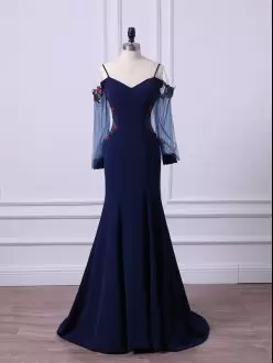 Navy Blue Prom Dress Spaghetti Straps Long Sleeves Sweep Train Zipper