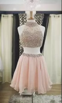 Two Piece pink fully beading halter neck short homecoming dress