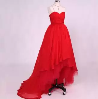Spectacular Sleeveless Tulle High Low Backless in Red with Ruching and Pleated