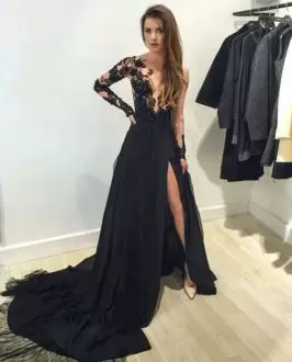 Admirable Black Homecoming Dress Prom and Party with Lace and Appliques One Shoulder Long Sleeves Brush Train Lace Up