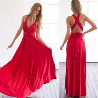 Sleeveless Floor Length Backless Prom Dress in Red with Sashes ribbons and Ruching