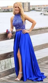 Royal Blue Two Pieces Beading and Lace Prom Homecoming Dress Lace Up Satin Sleeveless Floor Length