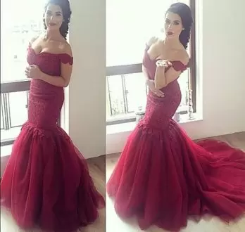Tulle Off The Shoulder Sleeveless Sweep Train Lace Up Appliques Prom Gown in Burgundy