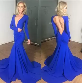 Dazzling Royal Blue Dress for Prom Chiffon Sweep Train Long Sleeves Ruching
