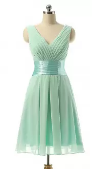 A-line Homecoming Dress Apple Green V-neck Chiffon Sleeveless Mini Length Zipper